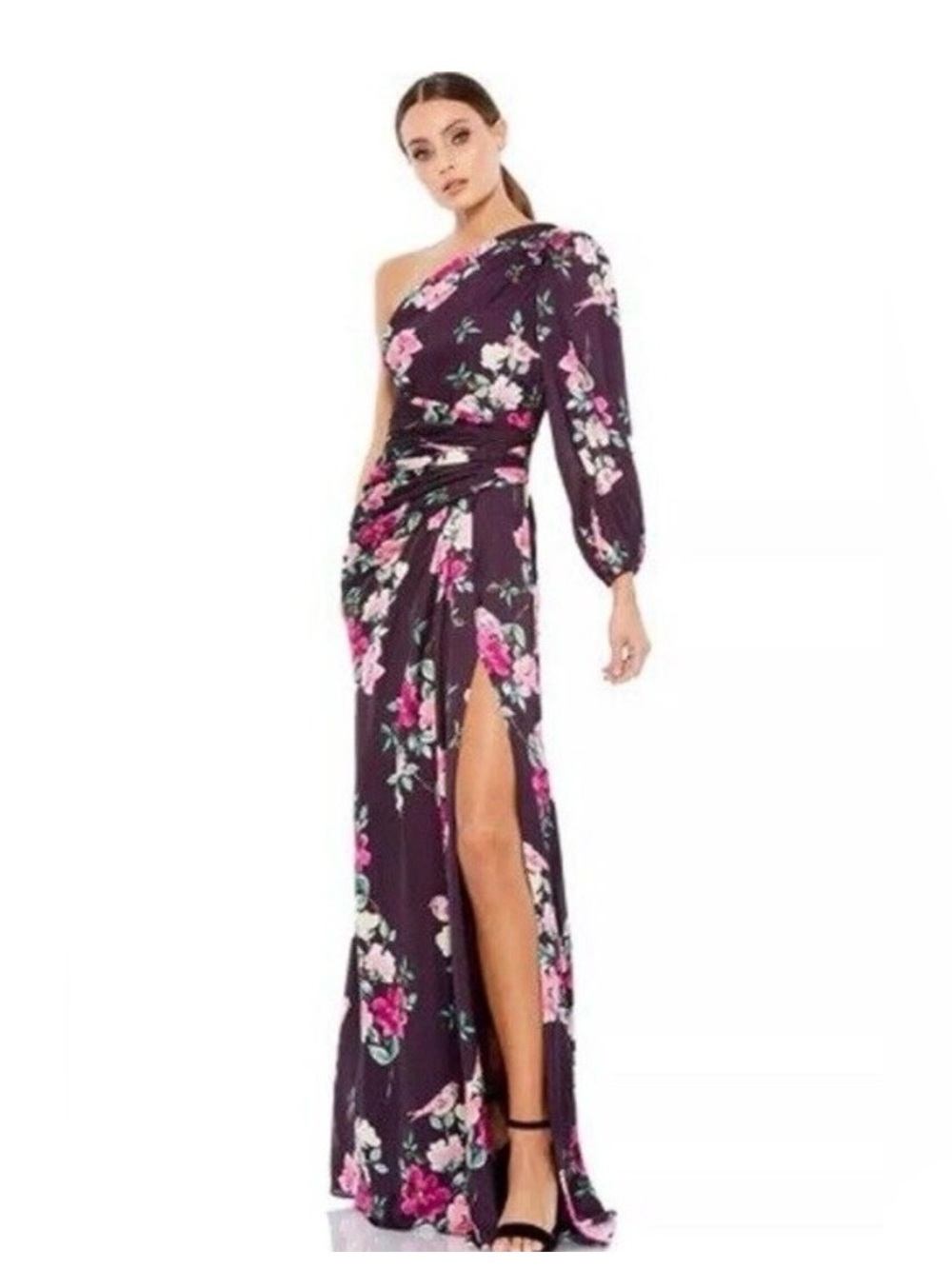 MacDuggal IEENA One Shoulder High Slit Ruched Gown Dress SZ L